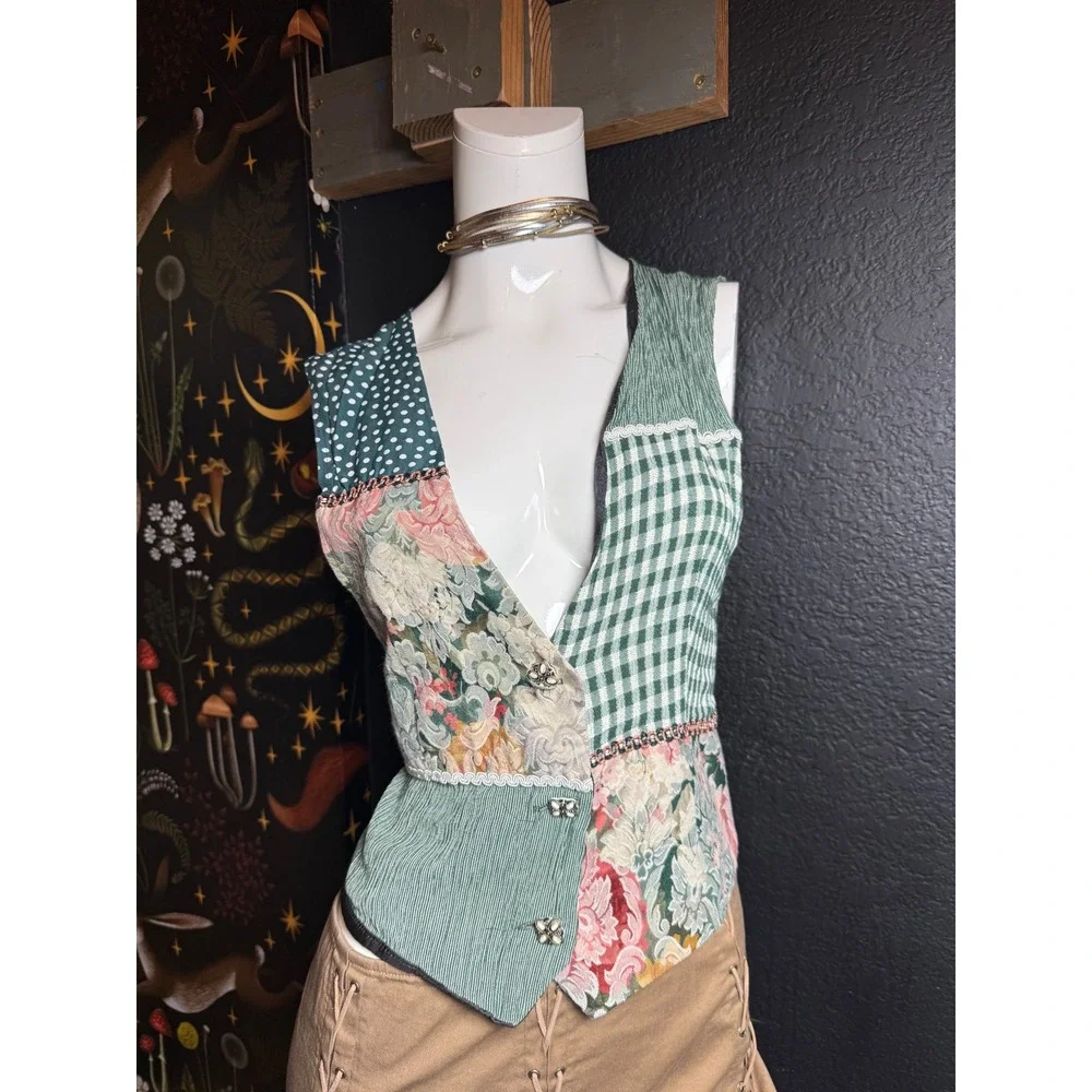 Vintage Justin Thyme Ltd Patchwork Floral Gingham Vest Cottagecore Boho USA Made